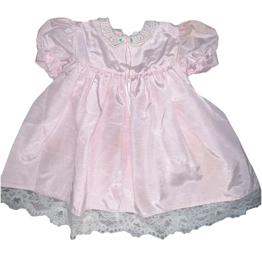 Vintage Moments Pink With Pink Roses‎ Lace Trim Baby Girls Dress 6-12 Months?